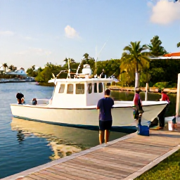 Caribbean Holidays, Bahamas Fishing February, Small Bahamian marina with fishing boats, palm trees and anglers preparing tackle in warm February sunshine