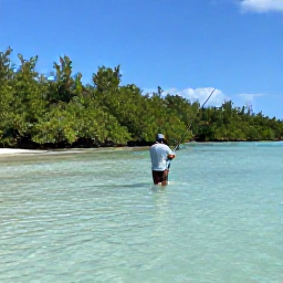 Caribbean Holidays, Bahamas Fishing, Fly fisherman wading through a shallow crystal-clear flat near mangroves in The Bahamas, with a guide nearby