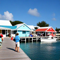 Caribbean Holidays, Bahamas Fishing, Friendly local fishing guide and visitors relaxing on a shaded dock beside a colourful Bahamian village harbour