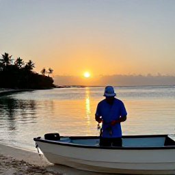 Caribbean Holidays, Bahamas Fishing in March, A welcoming Bahamian fishing guide preparing tackle beside a small boat at sunset, with calm sea and palm-fringed shore