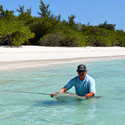 Caribbean Holidays, Bahamas Fishing June, Fly fisherman stalking a bonefish in clear shallow flats surrounded by mangroves and white sand in The Bahamas