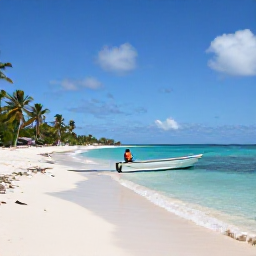 Caribbean Holidays, Bahamas Fishing June, Relaxed beachfront fishing charter scene with a small boat, palm trees and turquoise water on a Bahamian island