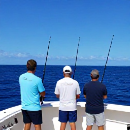 Caribbean Holidays, Bahamas Fishing June, Sport fishing boat travelling over deep blue ocean with anglers preparing rods off the coast of The Bahamas