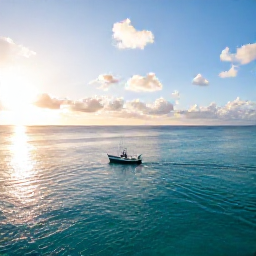 Caribbean Holidays, Bahamas Fishing May, A bright turquoise Bahamian sea with a small fishing boat leaving at sunrise