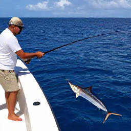 Caribbean Holidays, Bahamas Fishing May, A charter boat on deep blue water with an angler reeling in a marlin or tuna near the Bahamian islands