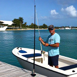 Caribbean Holidays, Bahamas Fishing May, A friendly local fishing guide preparing tackle beside a small boat at a Bahamian marina
