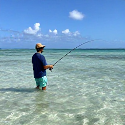 Caribbean Holidays, Bahamas Fishing May, An angler wading through clear shallow flats while casting towards bonefish in the Bahamas
