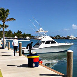 Caribbean Holidays, Bahamas Fishing November, A friendly seaside marina in The Bahamas with a charter boat, palm trees and anglers preparing fishing gear