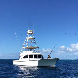 Caribbean Holidays, Bahamas Fishing November, A sport-fishing boat offshore near The Bahamas, with an angler holding a rod, blue ocean and seabirds overhead