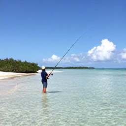 Caribbean Holidays, Bahamas Fishing November, An angler casting from a shallow flat in The Bahamas, with clear water, mangroves and a distant sandy island