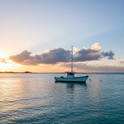 Caribbean Holidays, Bahamas Fishing October, A calm turquoise sea around the Bahamian islands in October, with a small fishing boat setting out at sunrise
