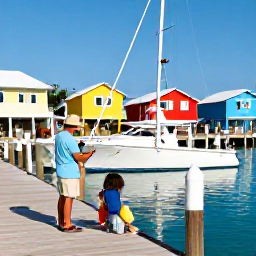 Caribbean Holidays, Bahamas Fishing October, A family-friendly marina in the Bahamas with fishing boats, colourful buildings and visitors preparing tackle for a day on the water