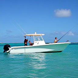 Caribbean Holidays, Bahamas Fishing October, An experienced Bahamian fishing guide helping visitors cast lines from a modern centre-console boat over clear shallow water
