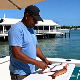 Caribbean Holidays, Bahamas Fishing October, Freshly caught Bahamian fish being prepared beside a sunny waterfront restaurant after a successful fishing trip