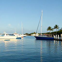 Caribbean Holidays, Bahamas Fishing September, A bright September morning at a tropical Bahamas marina, with fishing boats, calm turquoise water and palm trees