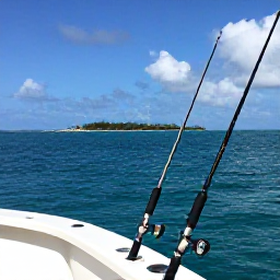 Caribbean Holidays, Bahamas Fishing September, A deep-sea fishing charter travelling across blue Bahamian water, with rods ready and a distant tropical island on the horizon