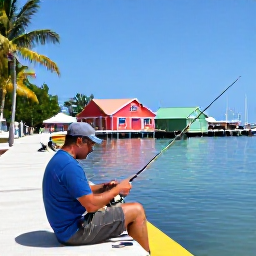 Caribbean Holidays, Bahamas Fishing September, A relaxed angler preparing fishing tackle beside a colourful Bahamas harbour, with palm trees and clear water