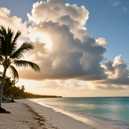 Caribbean Holidays, Bahamas Holidays August, A dramatic but safe tropical summer scene on a Bahamian beach, with sunlit clouds, palm trees and calm turquoise water