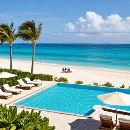 Caribbean Holidays, Bahamas Holidays August, A stylish all-inclusive resort in The Bahamas with a pool overlooking a sandy beach and guests enjoying a peaceful summer afternoon
