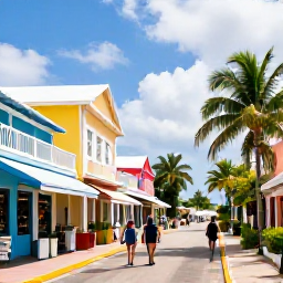 Caribbean Holidays, Bahamas Holidays, Bright Nassau street scene with pastel colonial buildings, palm trees, local shops and visitors exploring on foot