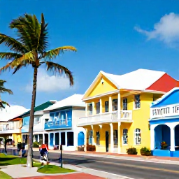 Caribbean Holidays, Bahamas Holidays, Colourful waterfront streets and colonial buildings in Nassau with palm trees and visitors exploring
