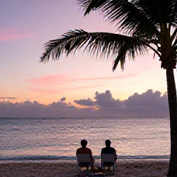 Caribbean Holidays, Bahamas Holidays May, A couple enjoying a relaxed sunset on a Bahamian beach in May, with calm ocean, pink sky and palm silhouettes