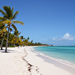 Caribbean Holidays, Bahamas Holidays May, A wide white-sand beach in Nassau, The Bahamas, with clear turquoise water, palm trees and bright May sunshine