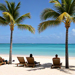 Caribbean Holidays, Bahamas Holidays May, Visitors relaxing on a quiet Bahamian beach in May, with sun loungers, swaying palms and calm shallow turquoise sea