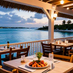 Caribbean Holidays, Bahamas Holidays, Outdoor Bahamian restaurant overlooking calm turquoise water, with fresh seafood dishes and a relaxed evening atmosphere