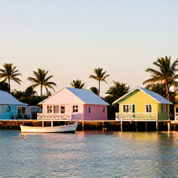 Caribbean Holidays, Bahamas Holidays, Quiet harbour on a Bahamian Out Island with small fishing boats, pastel houses and palm trees at golden hour