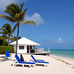 Caribbean Holidays, Bahamas Holidays, Relaxed Bahamian beach scene with sun loungers, palm trees and a small beachside restaurant
