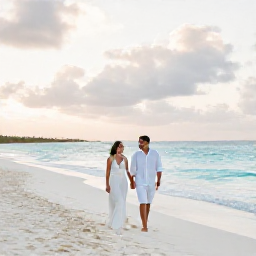 Caribbean Holidays, Bahamas Honeymoon, A newlywed couple walking hand in hand along a quiet white-sand beach in The Bahamas at sunrise, clear turquoise water and soft tropical light