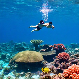Caribbean Holidays, Bahamas Honeymoon, Couple snorkelling above a colourful coral reef in The Bahamas, tropical fish, clear blue water and bright sunlight