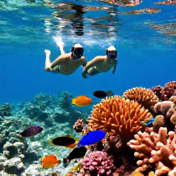 Caribbean Holidays, Bahamas Honeymoon December, Couple snorkelling above colourful coral reef and tropical fish in clear Bahamian water, bright daylight