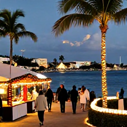 Caribbean Holidays, Bahamas Honeymoon December, Festive December market and softly lit waterfront in Nassau, The Bahamas, with palm trees and holiday decorations