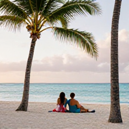 Caribbean Holidays, Bahamas Honeymoon December, Happy honeymoon couple relaxing on a quiet Bahamian beach with palm trees, turquoise sea and soft morning light