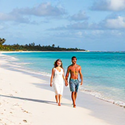 Caribbean Holidays, Bahamas Honeymoon December, Newly married couple walking barefoot beside clear turquoise water on a white sandy beach in The Bahamas in December, warm sunlight and gentle breeze
