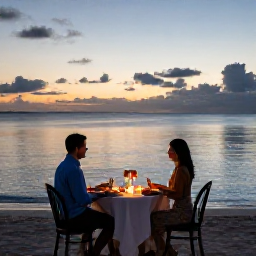 Caribbean Holidays, Bahamas Honeymoon December, Romantic beachfront dinner for two in The Bahamas at sunset, candles, local seafood and calm Caribbean sea