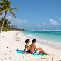 Caribbean Holidays, Bahamas Honeymoon July, A newlywed couple relaxing on a white sandy beach in The Bahamas in July, turquoise sea and palm trees, bright natural light