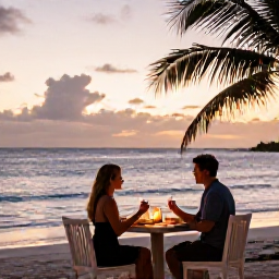 Caribbean Holidays, Bahamas Honeymoon July, Couple enjoying a candlelit dinner at a beachfront restaurant in The Bahamas, gentle evening sea and warm tropical sky
