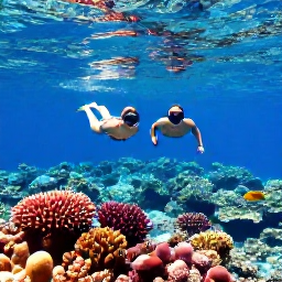 Caribbean Holidays, Bahamas Honeymoon July, Couple swimming and snorkelling above a colourful coral reef near The Bahamas, clear blue water and tropical fish