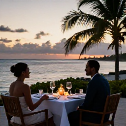 Caribbean Holidays, Bahamas Honeymoon July, Romantic open-air dinner for two beside the sea in The Bahamas at sunset, elegant table, candles and tropical surroundings