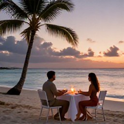 Caribbean Holidays, Bahamas Honeymoon, Romantic candlelit dinner for two on a Bahamian beach at sunset, elegant table, palm trees and calm ocean