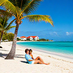 Caribbean Holidays, Bahamas Honeymoon, Romantic couple relaxing on a secluded Bahamian beach with palm trees, turquoise sea and a luxury resort in the background