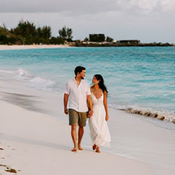 Caribbean Holidays, Bahamas Honeymoons, A newlywed couple walking barefoot along a quiet white-sand beach in Nassau, Bahamas, with turquoise sea and soft morning light
