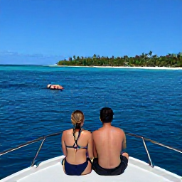 Caribbean Holidays, Bahamas Honeymoons, Couple exploring the blue waters of the Exumas by boat, with swimming pigs in the distance and bright tropical islands