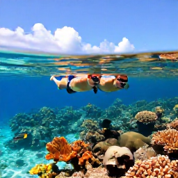 Caribbean Holidays, Bahamas Honeymoons, Couple snorkelling together above a colourful coral reef in the Bahamas, clear shallow water, tropical fish and bright sunshine