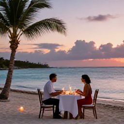 Caribbean Holidays, Bahamas Honeymoons, Elegant beachfront dinner for two at sunset in the Bahamas, with candles, palm trees and calm turquoise water