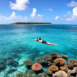Caribbean Holidays, Bahamas Honeymoons June, Couple snorkelling above colourful coral reef in clear shallow water near a Bahamian island