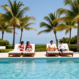 Caribbean Holidays, Bahamas Honeymoons June, Elegant Bahamas resort pool surrounded by palm trees with a newlywed couple relaxing on loungers